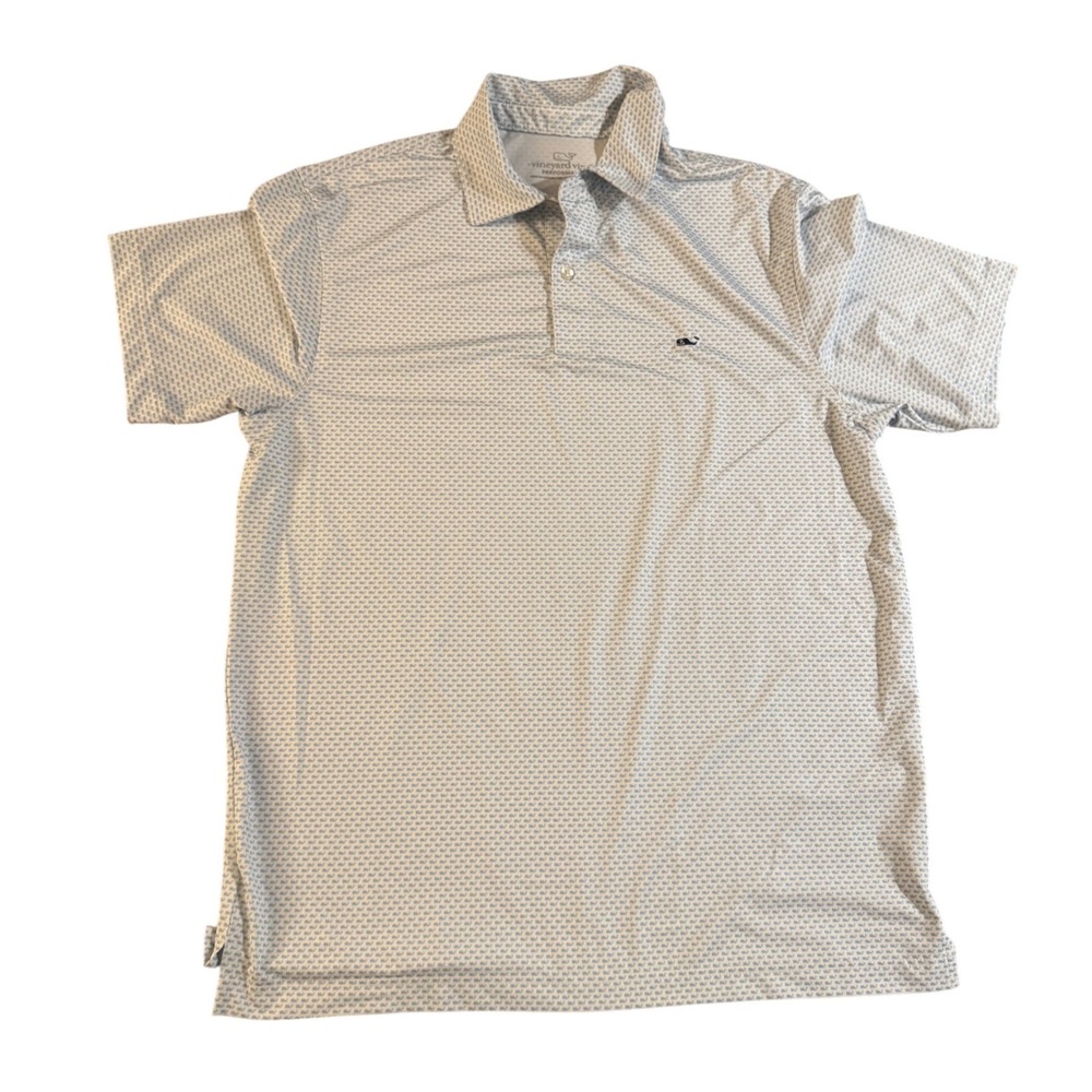Vineyard Vines Performance Mens Medium Blue White Whale Print Golf Polo Shirt